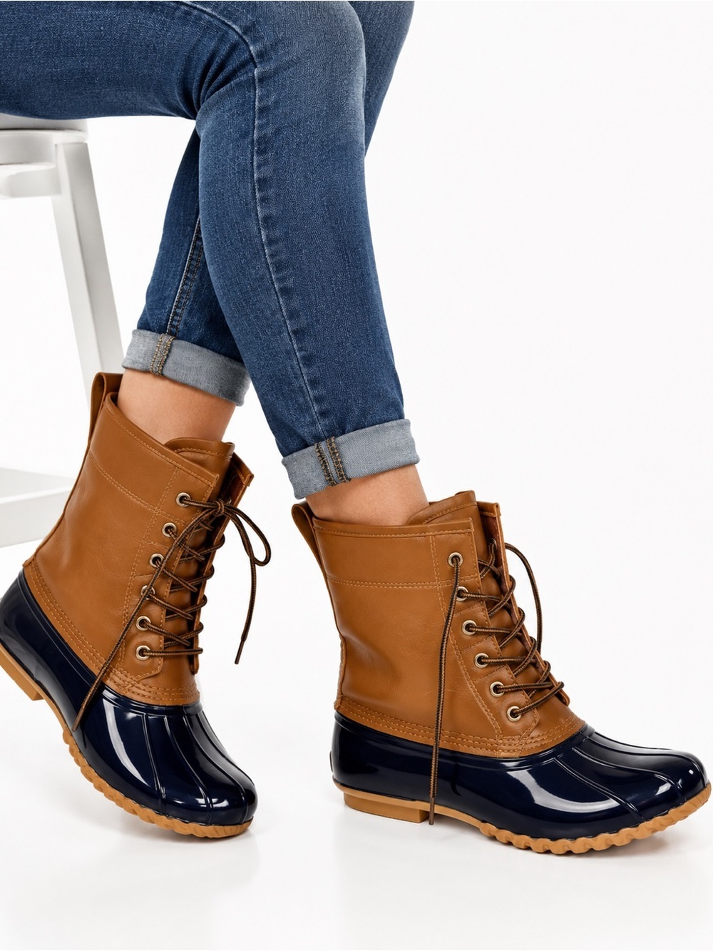 NWOT Sporto Ariel Women’s Size 8M Tan Navy Lace Up Duck Boots Plaid Lined
